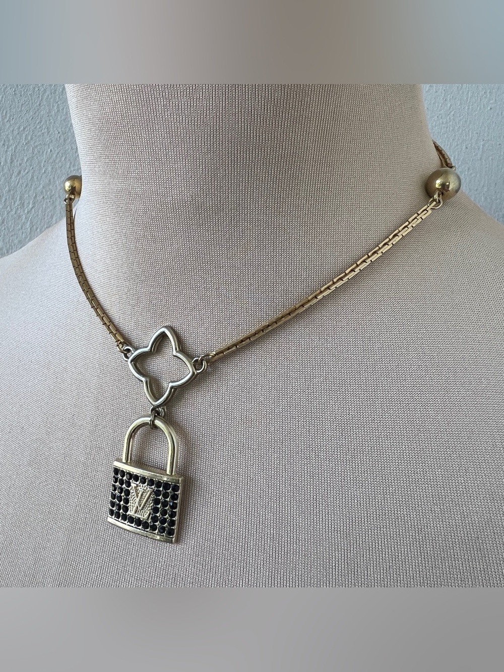 LV Lock Charm Choker Necklace Black Crystal Padlock Gold Tone Upcycled